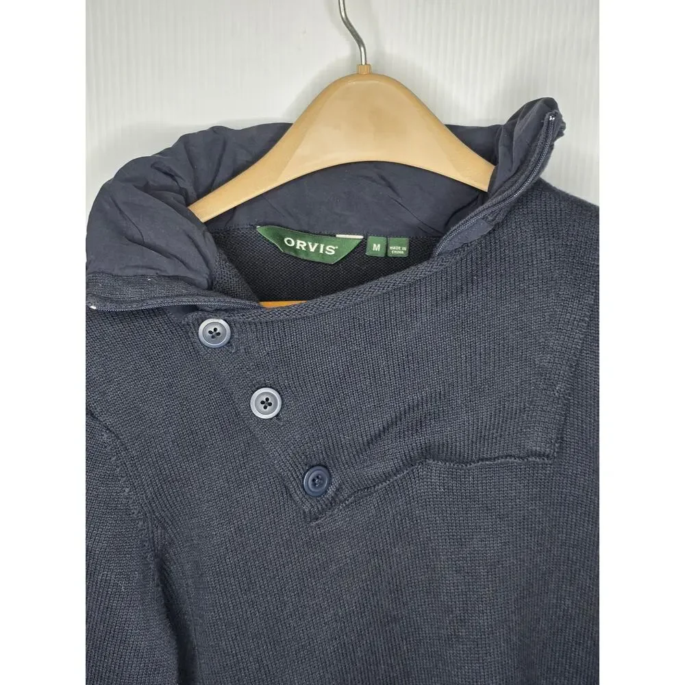 Orvis Size Medium Navy Blue Cotton Blend Button Mock Neck Sweater Front Pocket